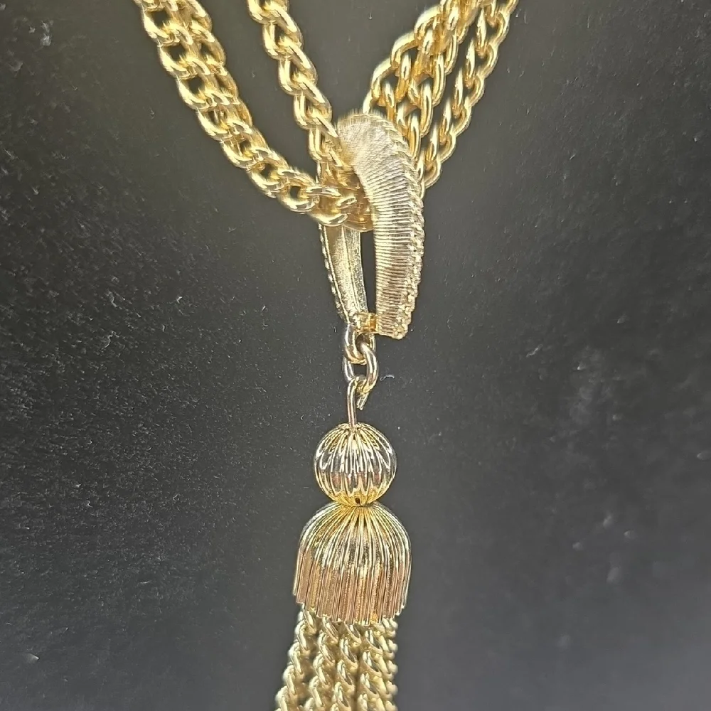 Vintage Multi-Strand Gold Tone Tassel Statement Necklace
